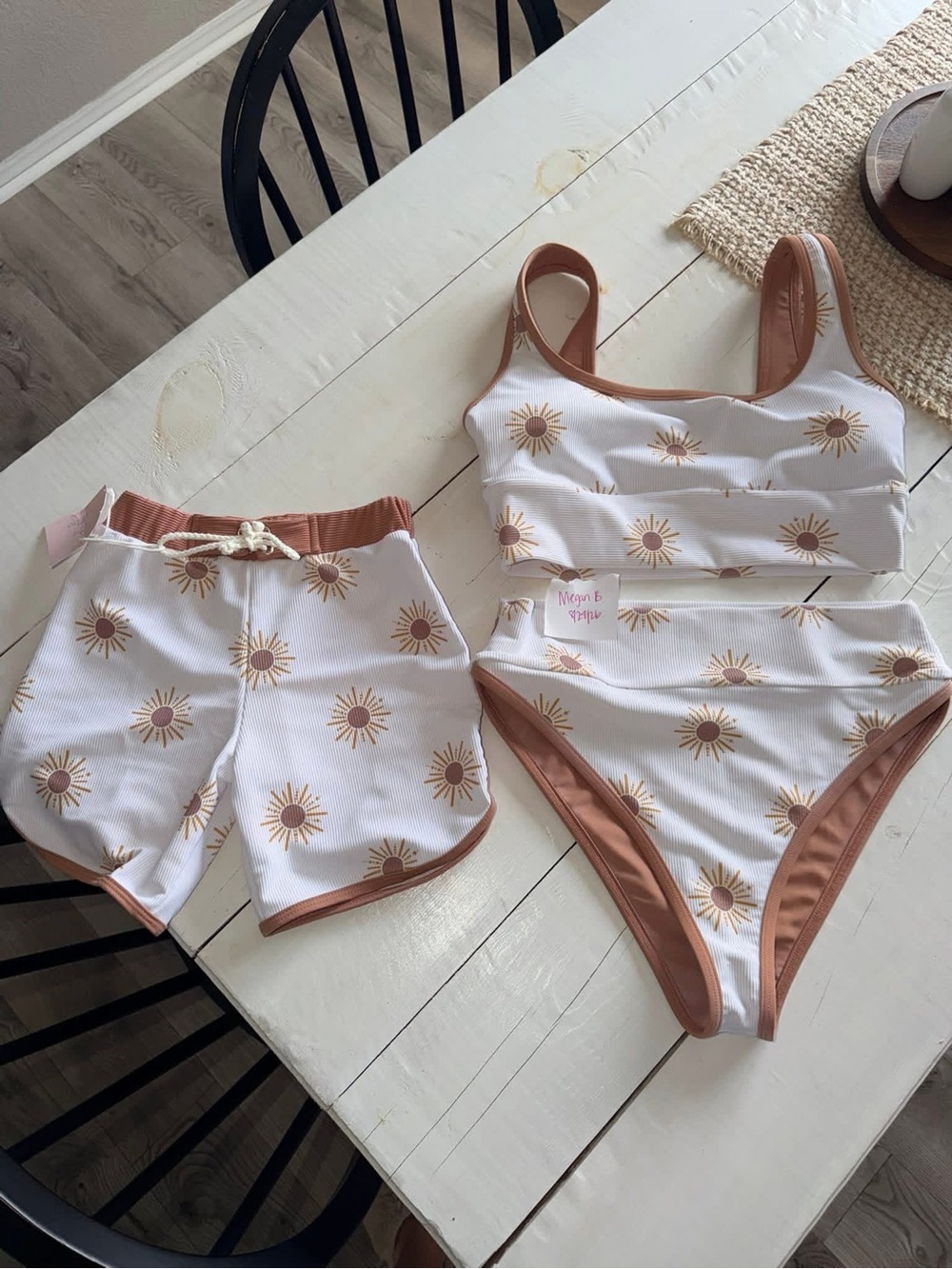 LainSnow White & Brown Sunburst Girls Two-Piece Swim Set with Shorts